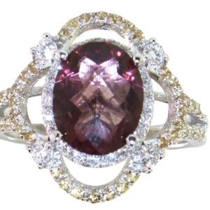 Pink/purple topaz, yellow sapphire, and white diamond ring, 3.3 carats, size 7